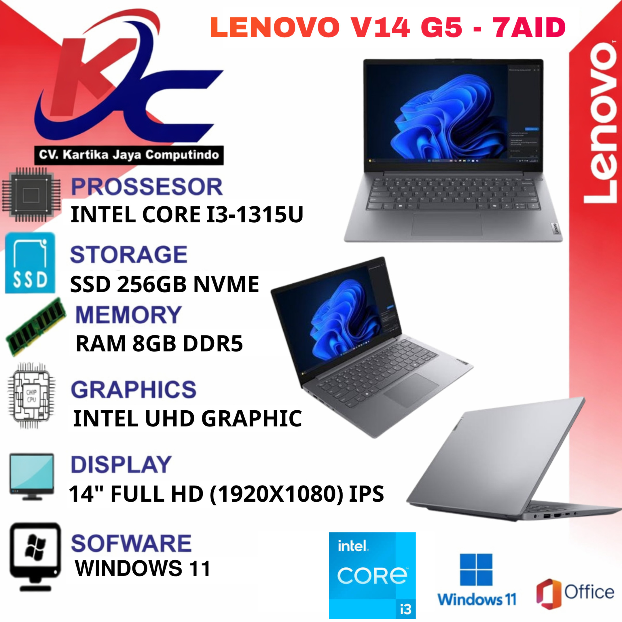 LENOVO V14 G5 - 7AID  I3-1315/ 8GB/ SSD 256GB/ W11 GREY